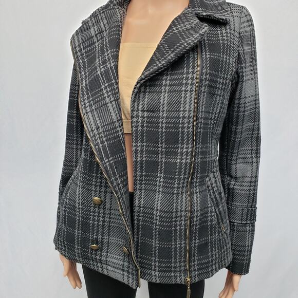 XOXO Faux Double Breasted Asymmetrical zip up Plaid Wool Blend Jacket Coat S - Picture 12 of 14